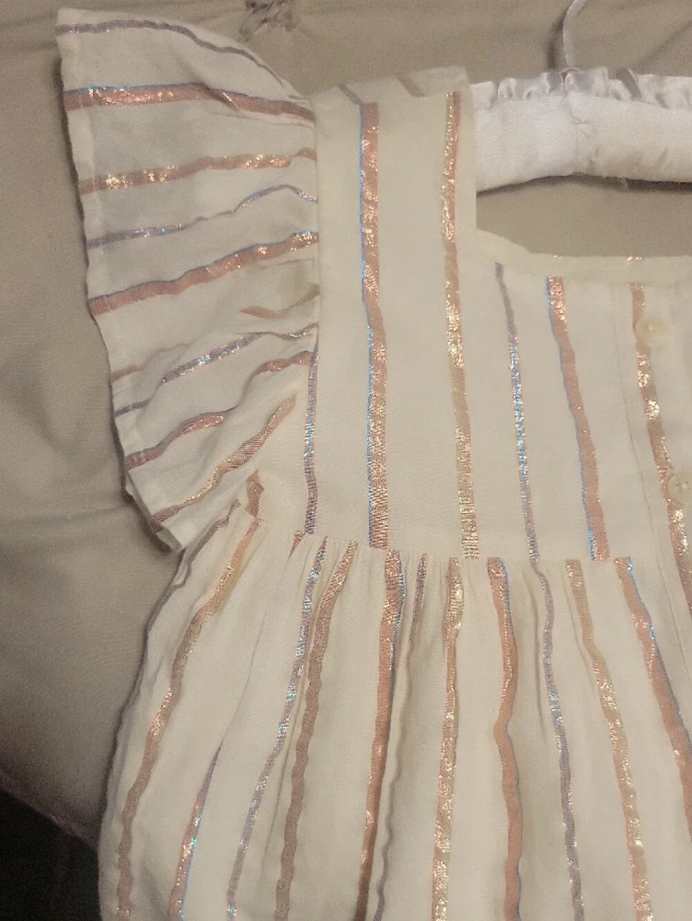 Pretty Old Navy White Flutter Sleeve Metallic Stripe Blouse